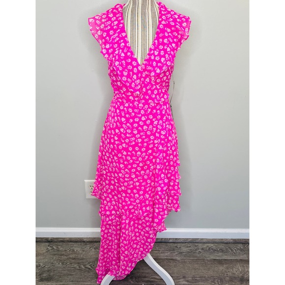 Lulu's Cornelia Pink Floral Ruffle Wrap Dress Women Sm Barbiecore Brunch Femme - Picture 2 of 12